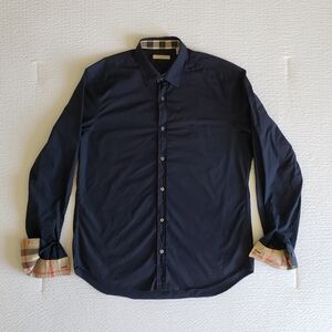 BURBERRY BRIT Men's Button Down Long-Sleeve Shirt (L) Navy w/ Plaid Collar/Cuffs